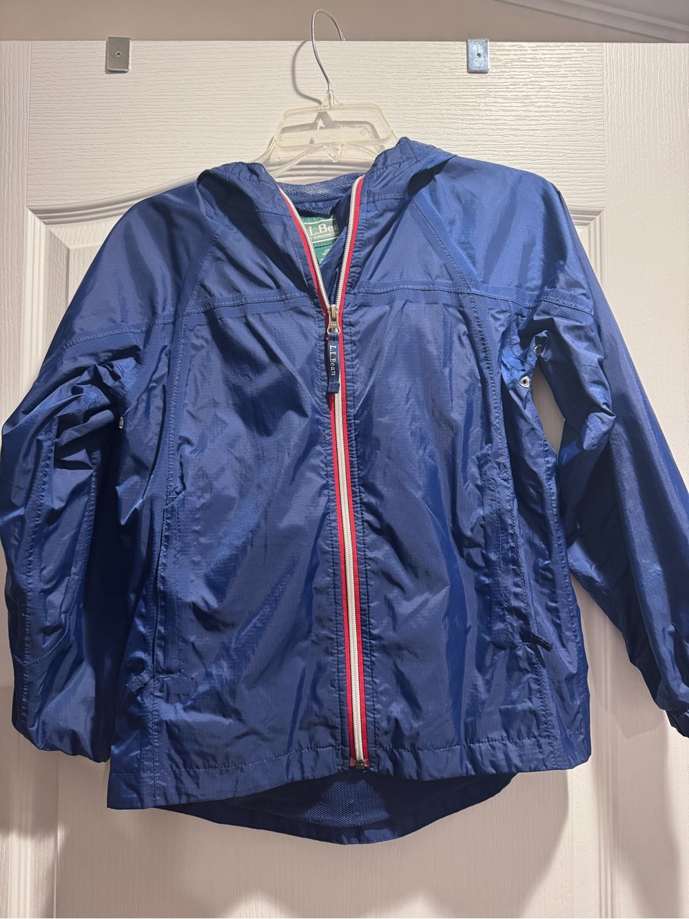 L.L. Bean Kids Blue Hooded Rain Jacket with Red-Trim Zipper
